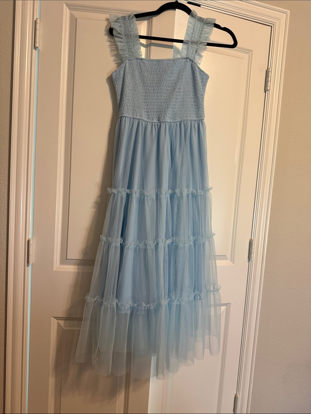 Light Blue Tulle Maxi Dress with Smocked Bodice